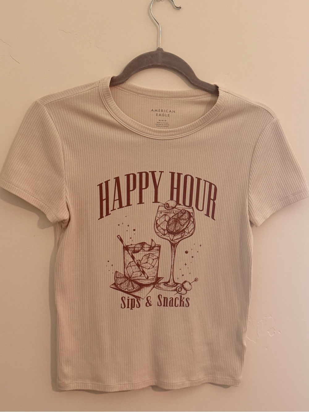 American Eagle Outfitters Beige Ribbed 'Happy Hour' Graphic Tee with Rust Print